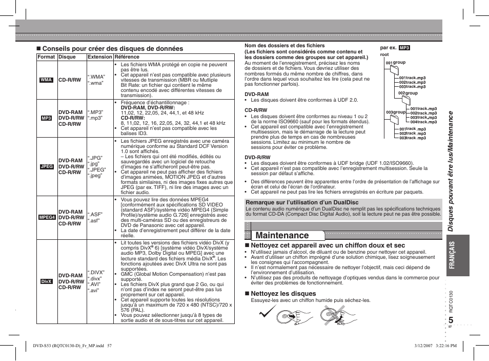 Maintenance | Panasonic DVDS53 User Manual | Page 11 / 14