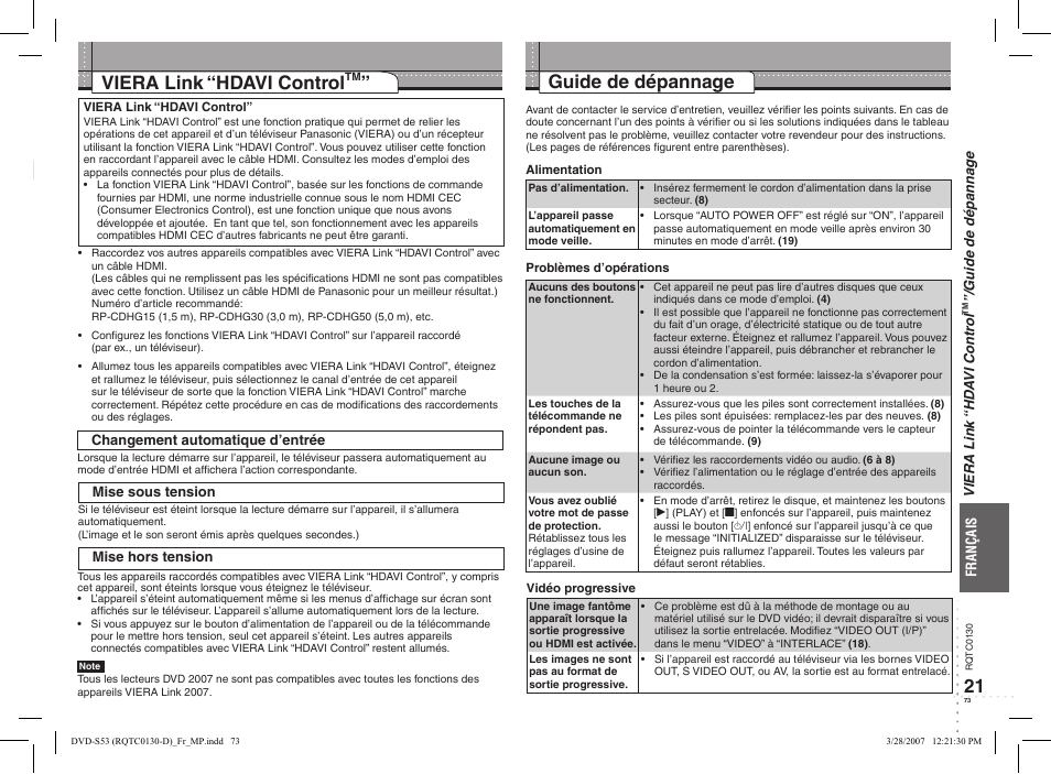 21 guide de dépannage, Viera link, Hdavi control | Panasonic DVDS53 User Manual | Page 12 / 14