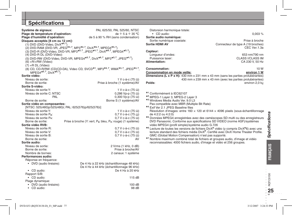 Spéciﬁcations | Panasonic DVDS53 User Manual | Page 13 / 14