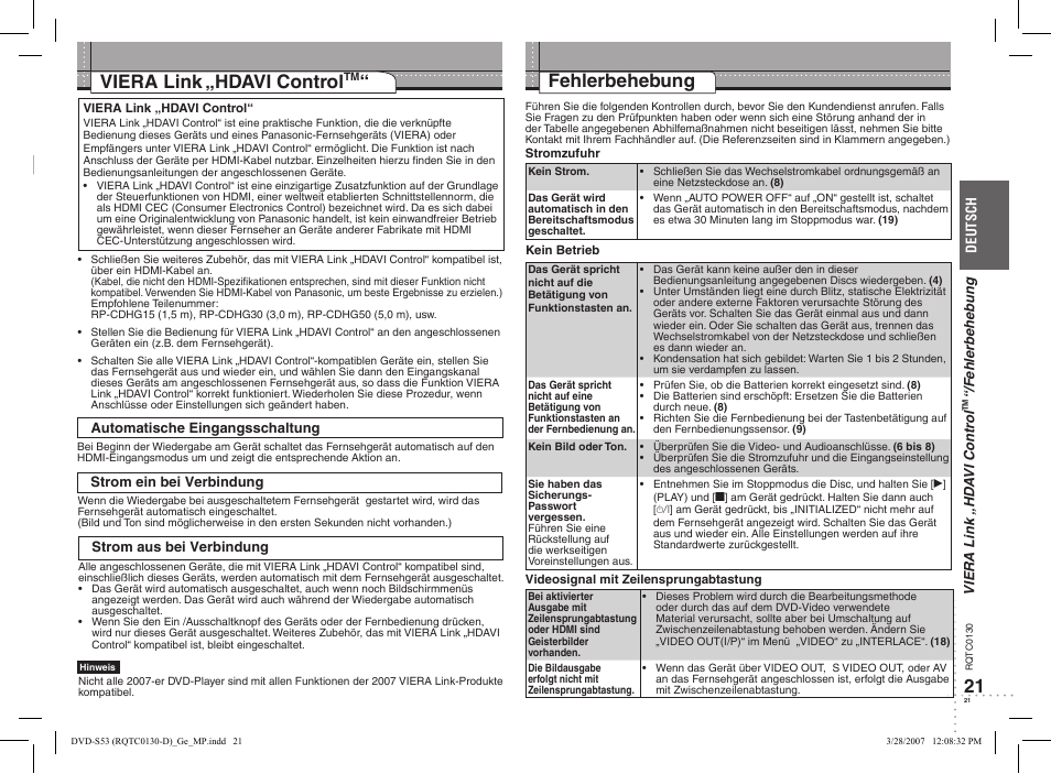 21 fehlerbehebung, Viera link, Hdavi control | Panasonic DVDS53 User Manual | Page 4 / 14