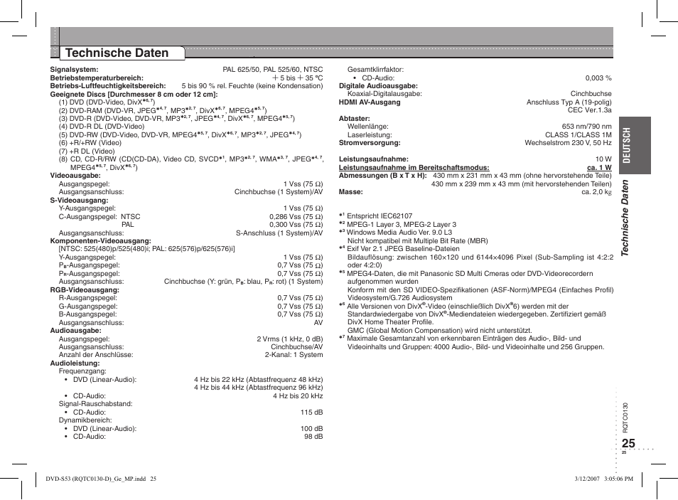 Technische daten | Panasonic DVDS53 User Manual | Page 5 / 14