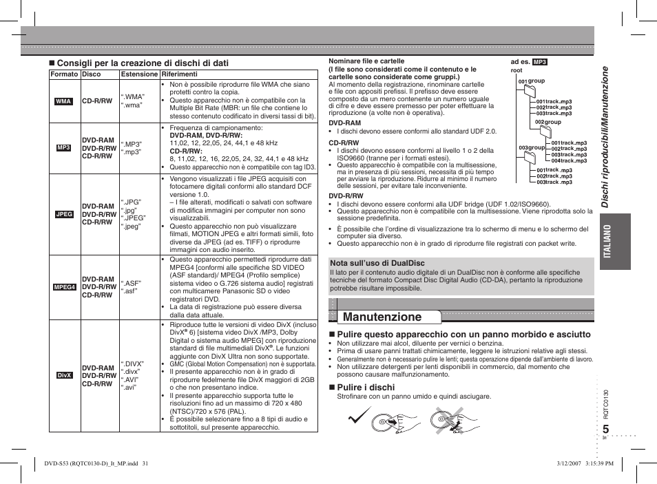 Manutenzione | Panasonic DVDS53 User Manual | Page 7 / 14