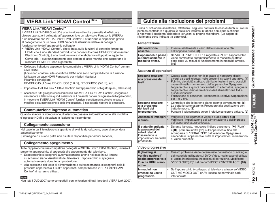 21 guida alla risoluzione dei problemi, Viera link, Hdavi control | Panasonic DVDS53 User Manual | Page 8 / 14