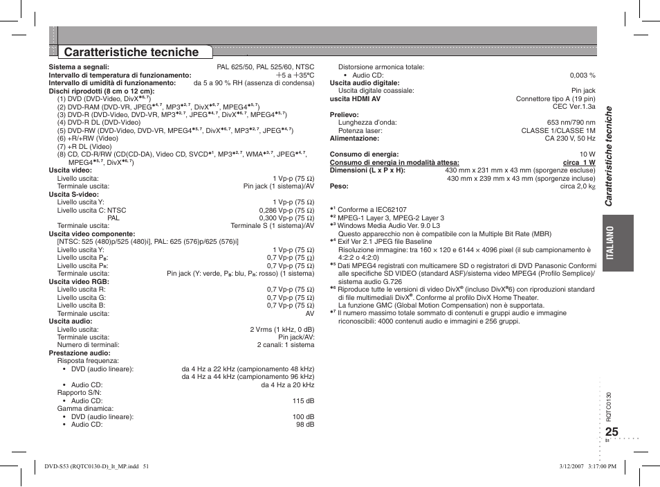 Caratteristiche tecniche | Panasonic DVDS53 User Manual | Page 9 / 14