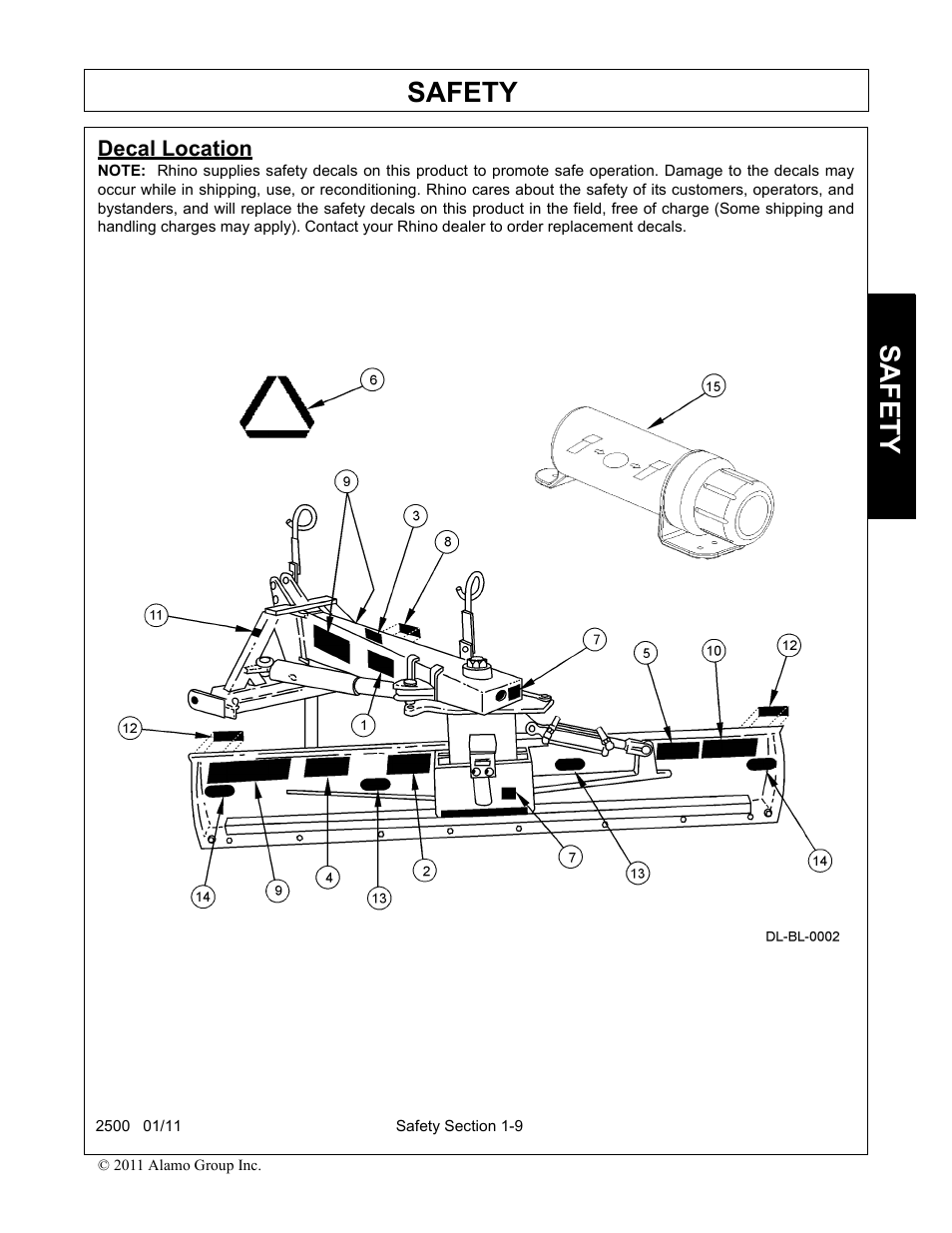 Decal location -9, Safety | Alamo 2500 User Manual | Page 13 / 60