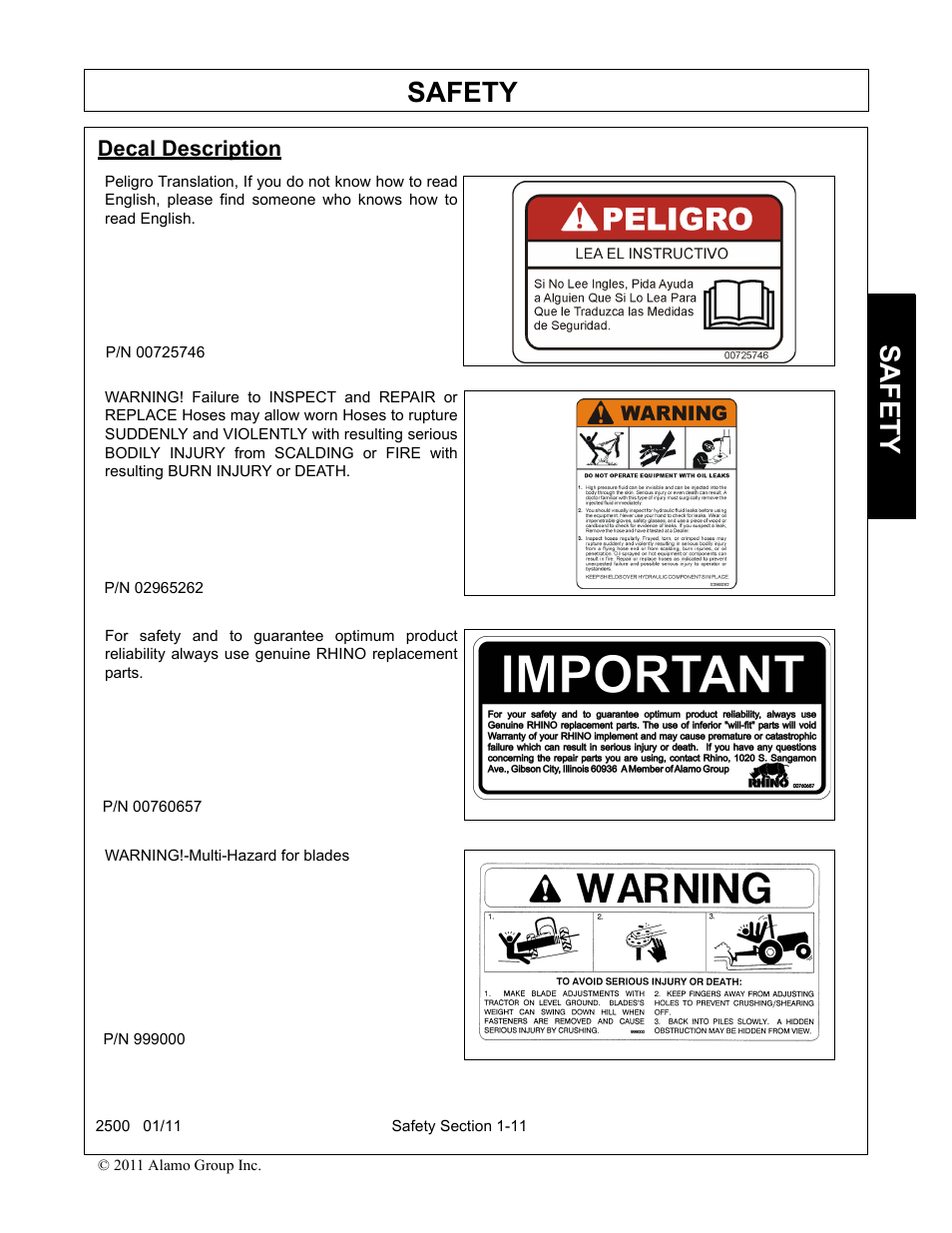 Decal description, Decal description -11, Safety | Alamo 2500 User Manual | Page 15 / 60
