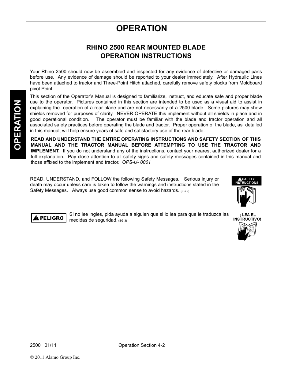 Rhino 2500 rear mounted blade, Operation instructions, Operation | Opera t ion | Alamo 2500 User Manual | Page 32 / 60