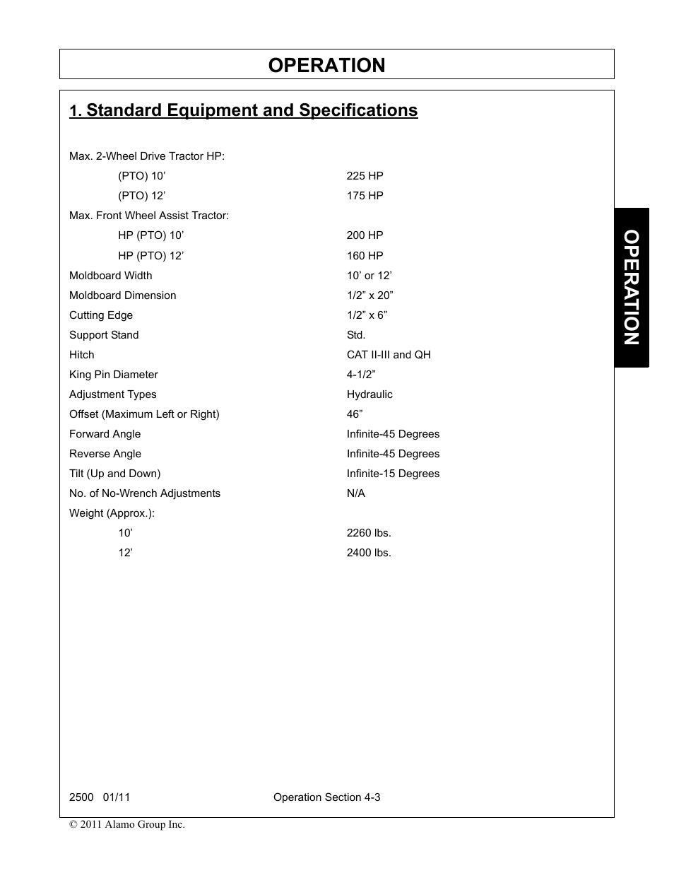 Standard equipment and specifications -3, Operation, Opera t ion | Standard equipment and specifications | Alamo 2500 User Manual | Page 33 / 60