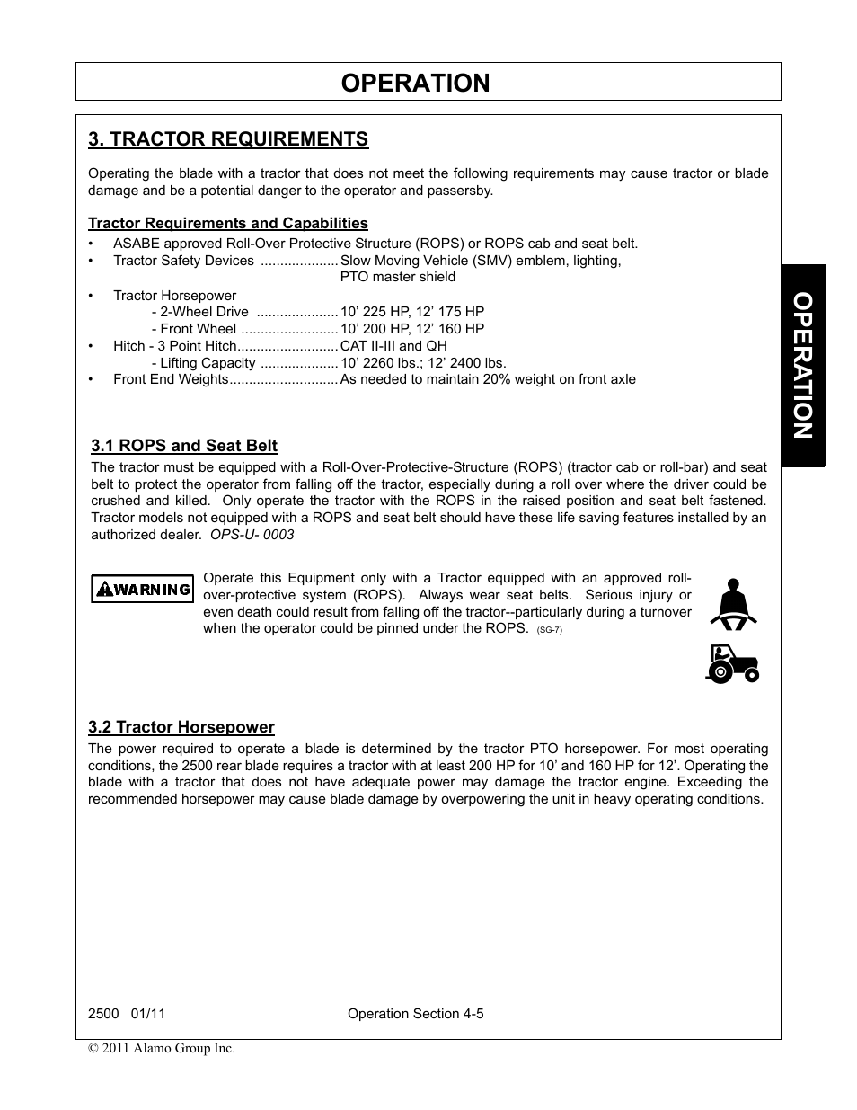Tractor requirements and capabilities, 1 rops and seat belt, 2 tractor horsepower | Operation, Opera t ion, Tractor requirements | Alamo 2500 User Manual | Page 35 / 60