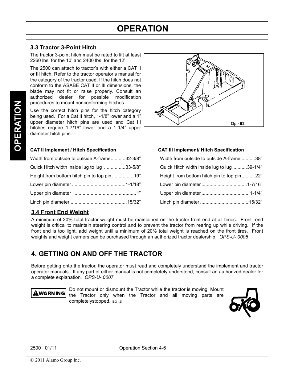 3 tractor 3-point hitch, 4 front end weight, Getting on and off the tractor | Operation, Opera t ion | Alamo 2500 User Manual | Page 36 / 60