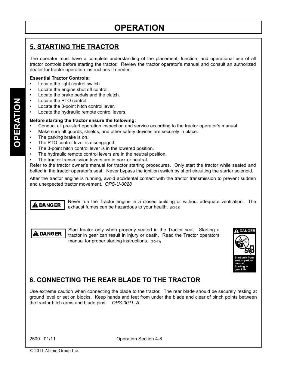 Starting the tractor, Connecting the rear blade to the tractor, Operation | Opera t ion | Alamo 2500 User Manual | Page 38 / 60