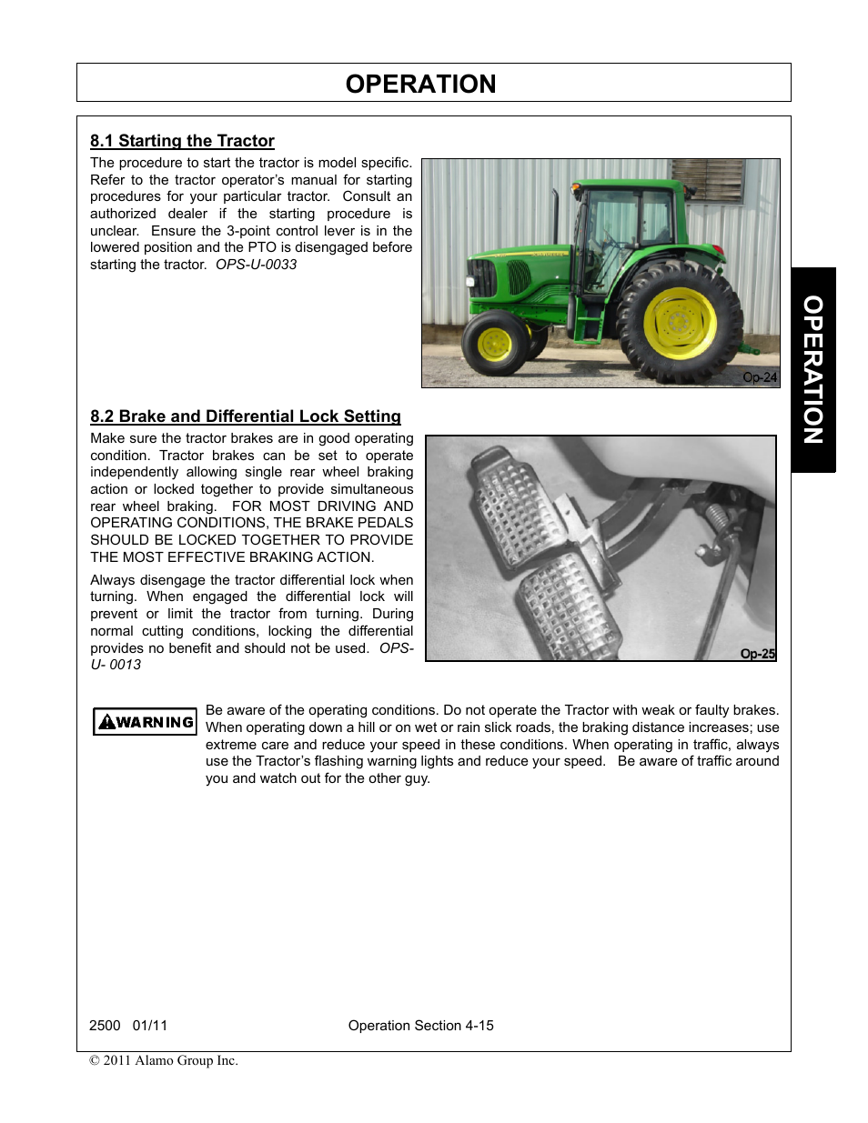 1 starting the tractor, 2 brake and differential lock setting, Operation | Opera t ion | Alamo 2500 User Manual | Page 45 / 60