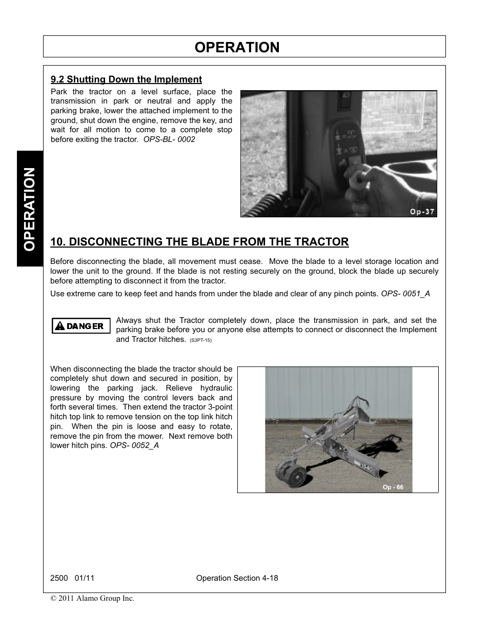 2 shutting down the implement, Disconnecting the blade from the tractor, Operation | Opera t ion | Alamo 2500 User Manual | Page 48 / 60