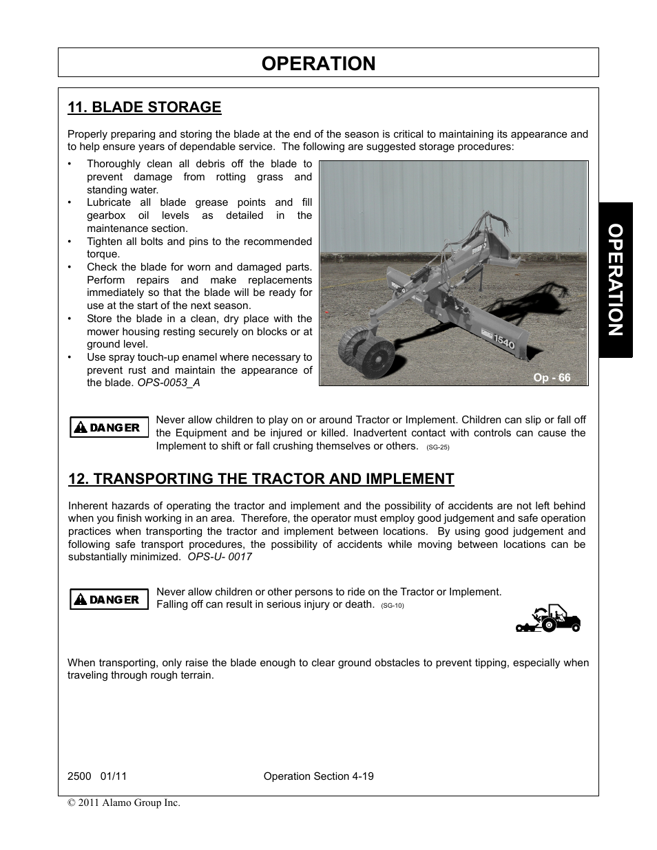 Blade storage, Transporting the tractor and implement, Operation | Opera t ion | Alamo 2500 User Manual | Page 49 / 60