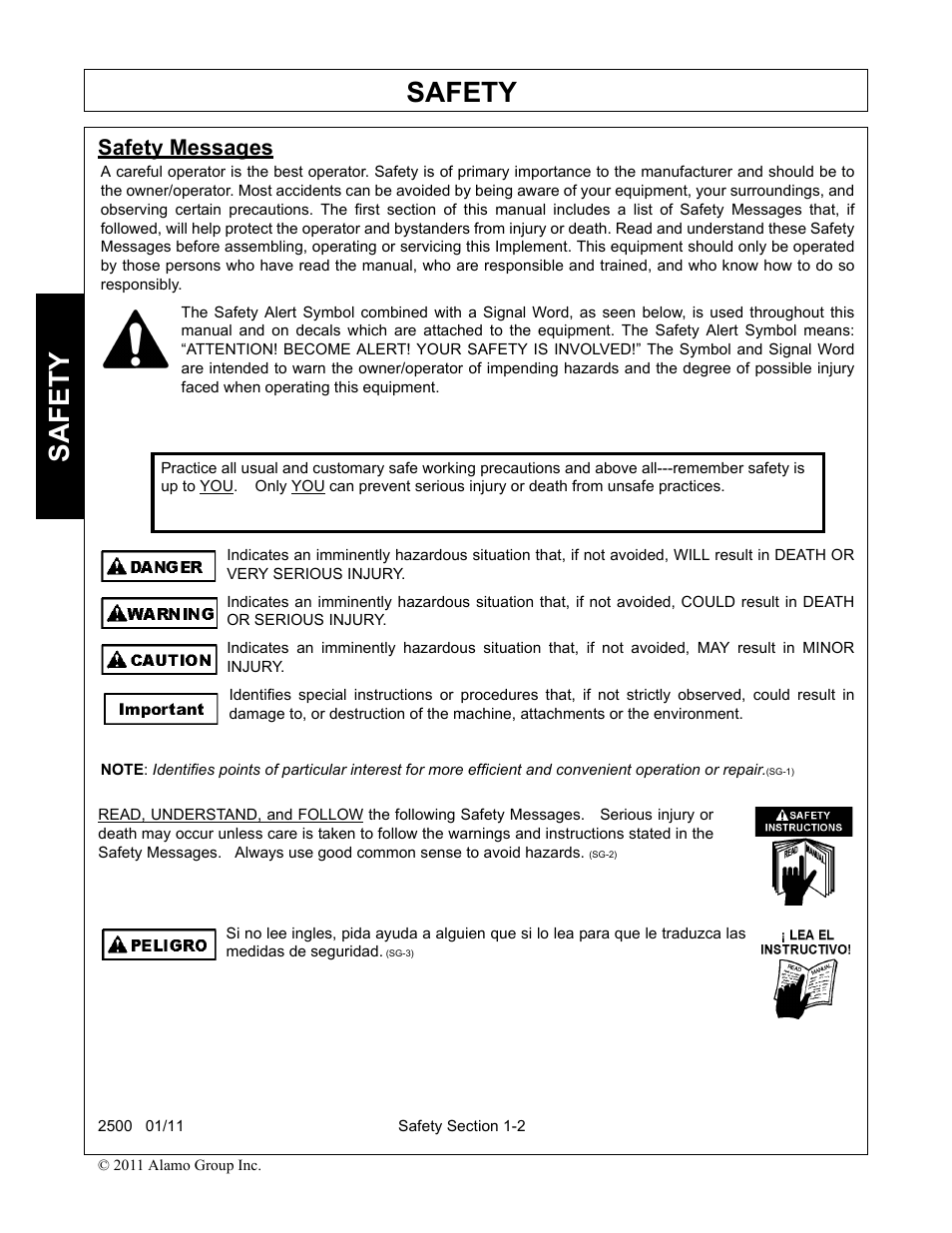 Safety messages, Safety messages -2, Safety | Alamo 2500 User Manual | Page 6 / 60
