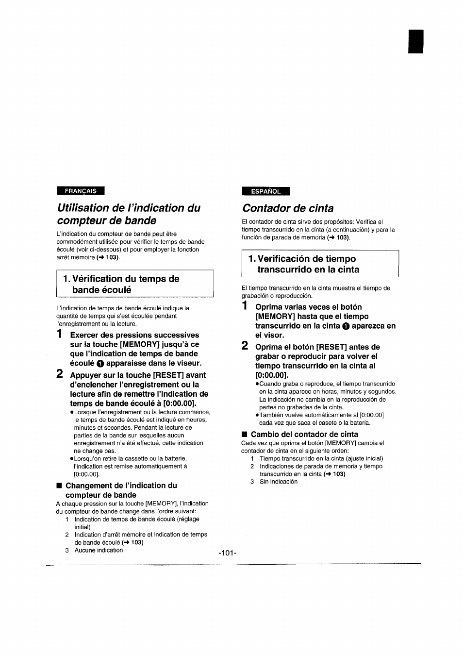 Utilisation de l’indication du compteur de bande, Contador de cinta, Verificación de tiempo transcurrido en ia cinta | Vérification du temps de bande écouié | Panasonic NVRX50EG User Manual | Page 101 / 136