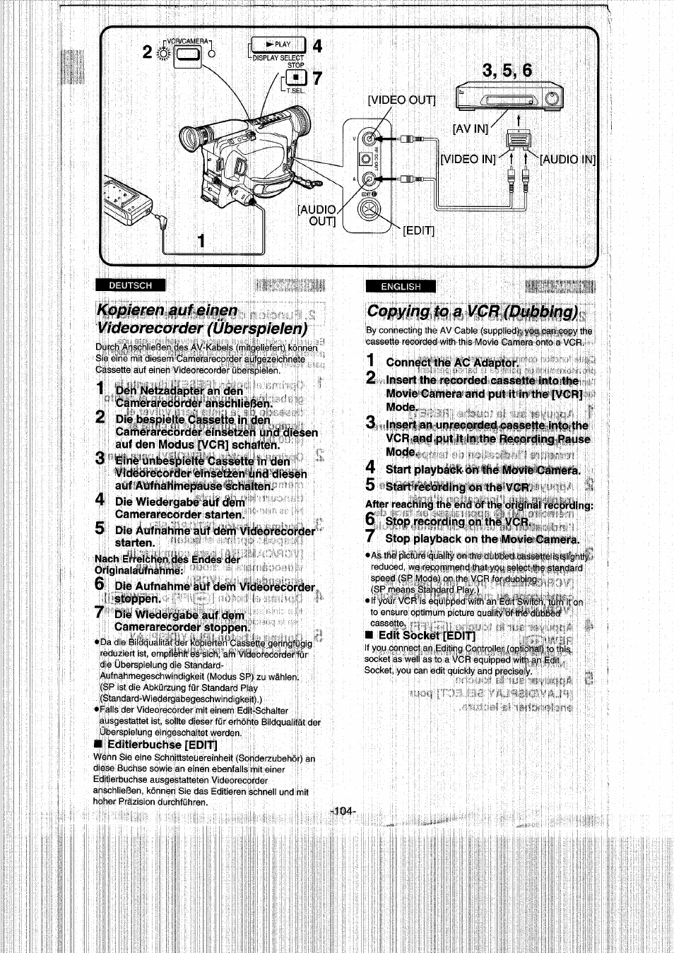 Kopieren auf einen videorecorder (überspieien), Copying to a vcr (dubbing), Kopieren auf einen videorecorder | Überspieien) | Panasonic NVRX50EG User Manual | Page 104 / 136