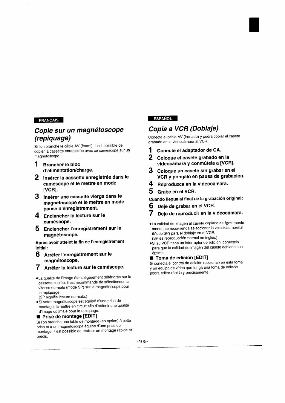 Français, Copie sur un magnétoscope (repiquage), Cuando llegue al final de la grabación original | Copia a vcr (doblaje) | Panasonic NVRX50EG User Manual | Page 105 / 136