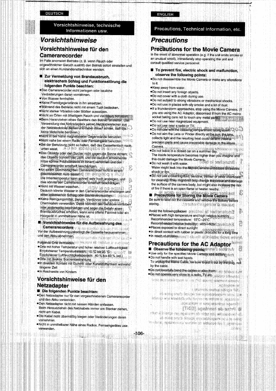 Vorsichtshinweise, Oie folgenden punkte beachten, Precautions | Vorsichtshinweise für den camerarecorder, Vorsichtshinweise für netzadapter, Precautions for the ac adaptor | Panasonic NVRX50EG User Manual | Page 106 / 136