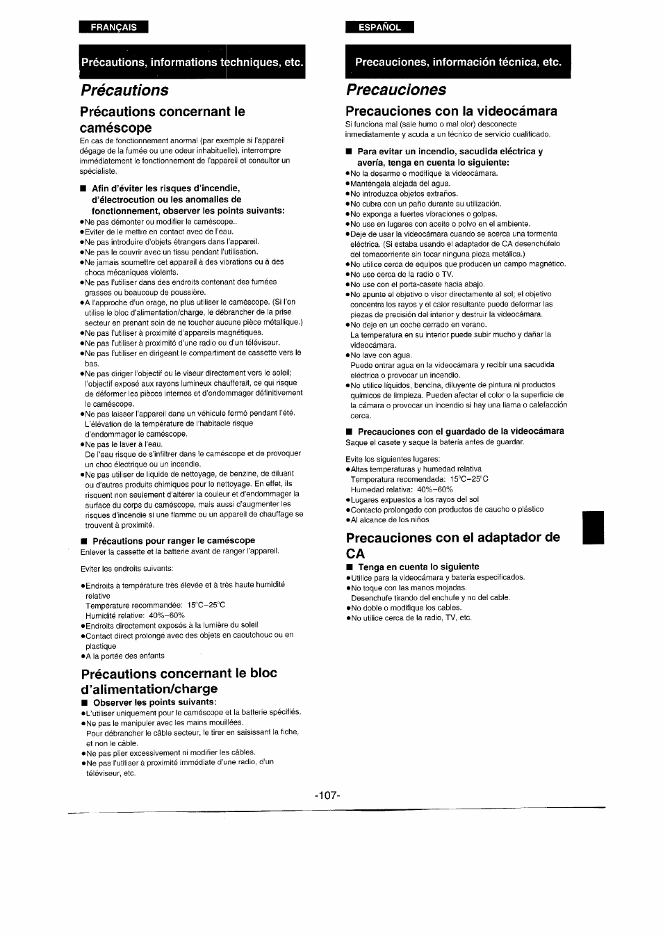 Précautions, informations tmhniques, etc, Précautions, Précautions concernant le caméscope | Precauciones, información técnica, etc, Precauciones, Precauciones con la videocámara, Precauciones con el adaptador de ca, Précautions •précautions concernant le caméscope | Panasonic NVRX50EG User Manual | Page 107 / 136