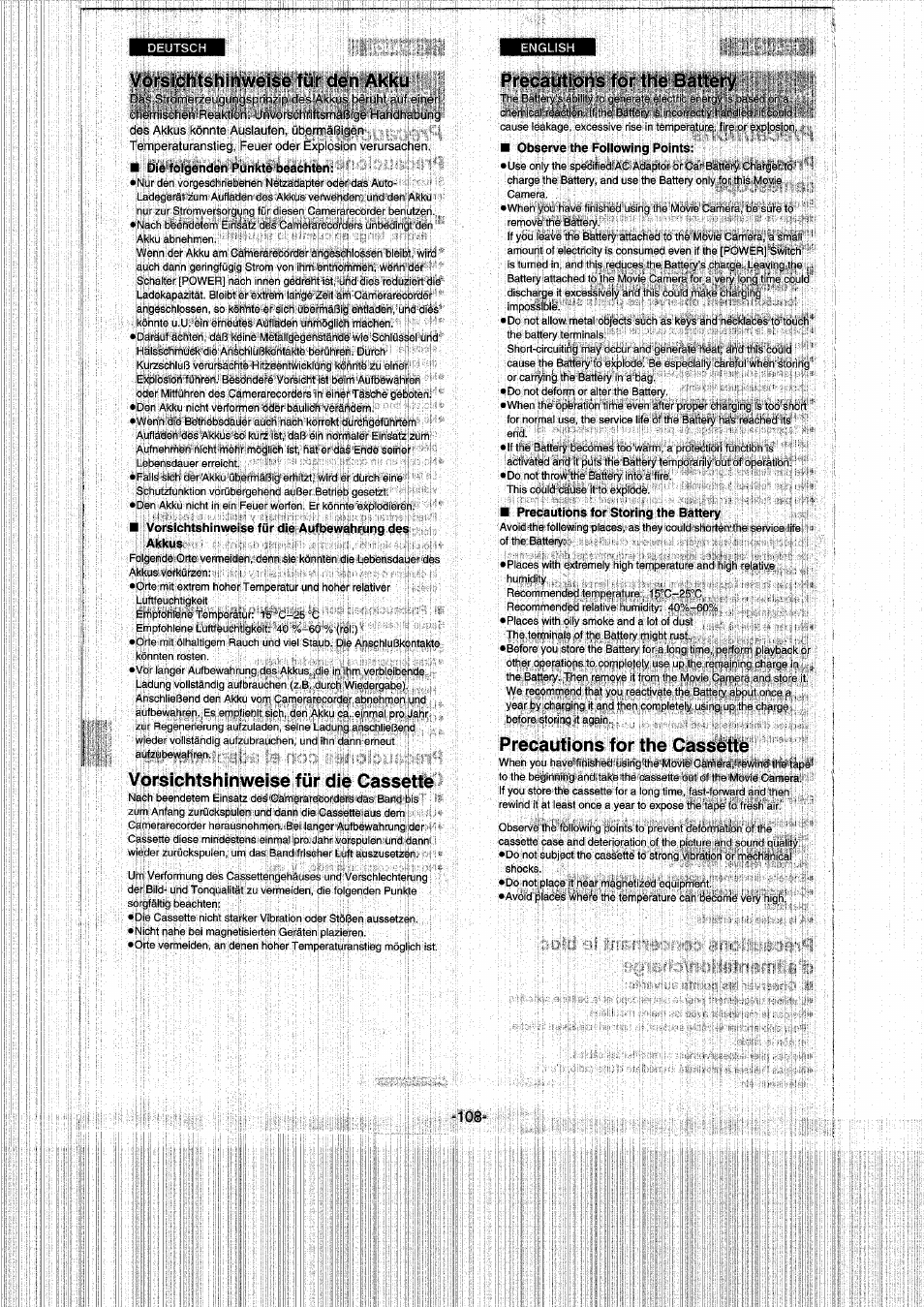 Vorsichtshinweise für die cassette, Precautions for the battery, Precautions for the cassette | Panasonic NVRX50EG User Manual | Page 108 / 136