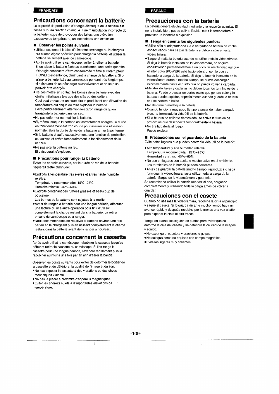 Précautions concernant la batterie, Précautions concernant la cassette, Precauciones con la batería | Precauciones con el casete, Precautions for the cassette | Panasonic NVRX50EG User Manual | Page 109 / 136