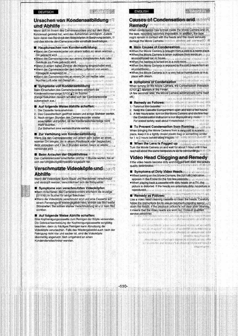 Ursachen von kondensatbildung und abhilfe, Verschmutzte videoköpfe und abbi if e, Video head clogging and remedy | Panasonic NVRX50EG User Manual | Page 110 / 136