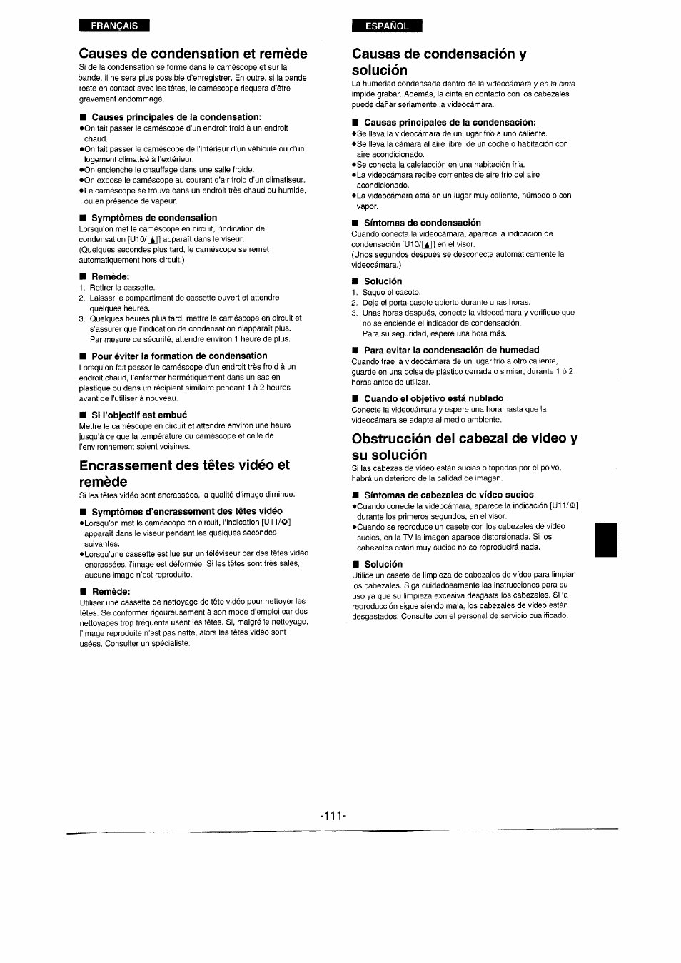 Causes de condensation et remède, Remède, Pour éviter la formation de condensation | Encrassement des têtes vidéo et remède, Causas de condensación y solución, Causas principales de la condensación, Síntomas de condensación, Solución, Para evitar la condensación de humedad, Obstrucción del cabezal de video y su solución | Panasonic NVRX50EG User Manual | Page 111 / 136