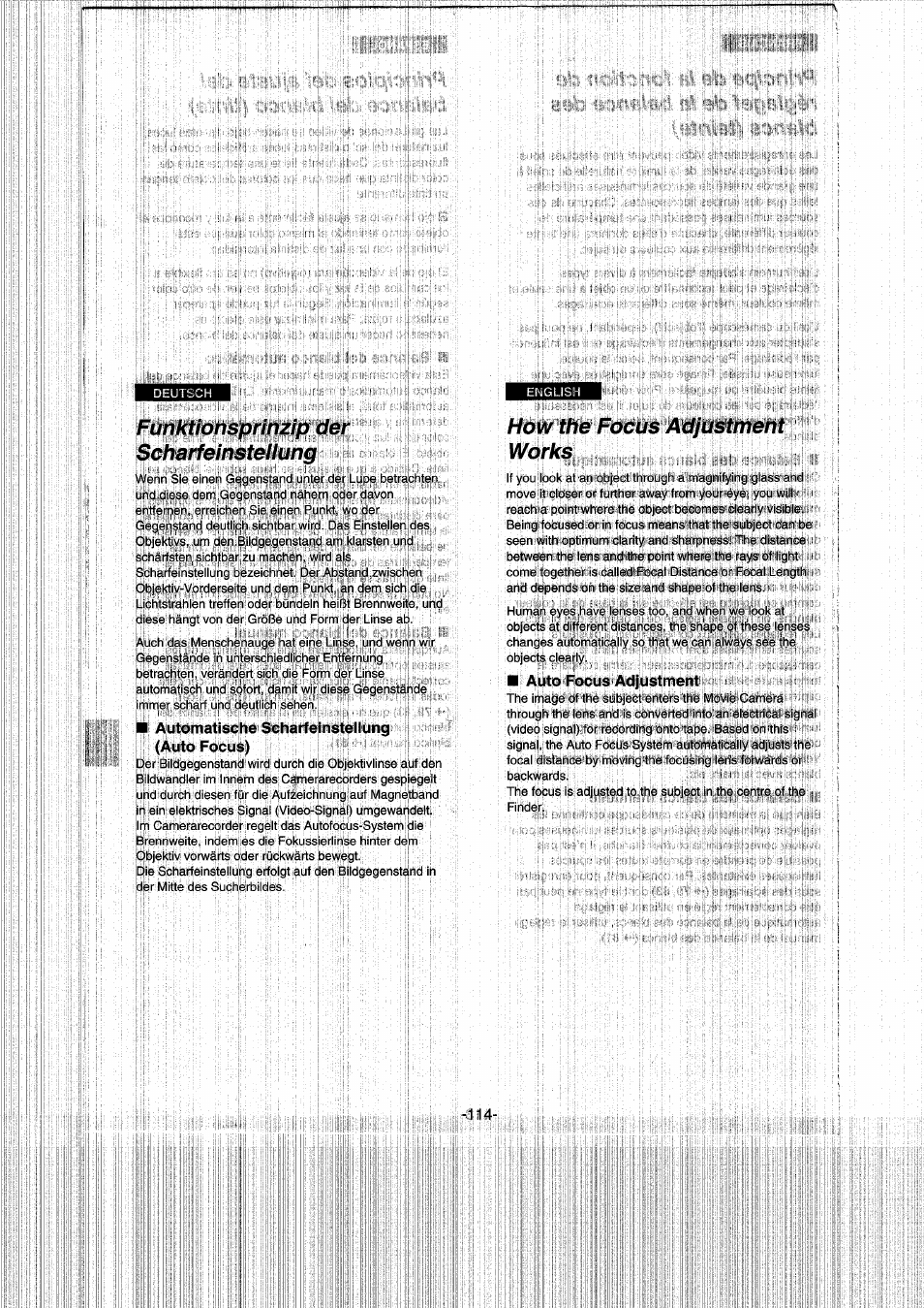 Funktiohsprinzif) der scharfeinstellung, Automatische scharfeinstellung (auto focus), How the focus adjustment works | Auto focus adjustment, Funktionsprinzip der scharteinsteilung 1 4 | Panasonic NVRX50EG User Manual | Page 114 / 136