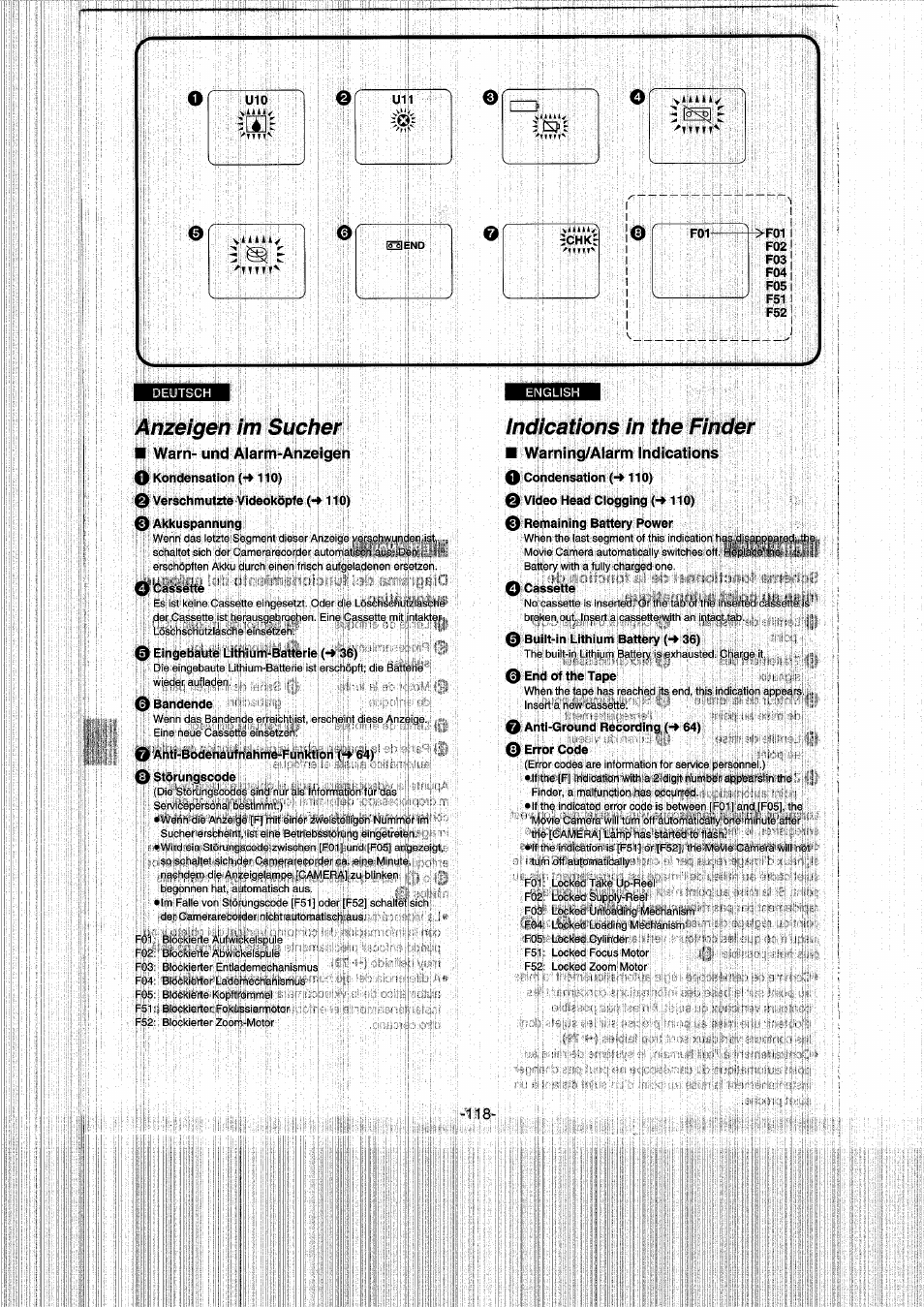Anzeigen im sucher, Warn- und alarm-anzeigen o kondensation (->110), 0 verschmutzte videoköpfe (->110) oakkuspannung | 0 eingebaute lithium-battèrie, 1 lííiíj, K a»»j.bodenaufnahme-funkti, 10 störungscode, Indications in the finder, Warning/alarm indications, 0 video head ciogging (->110) | Panasonic NVRX50EG User Manual | Page 118 / 136