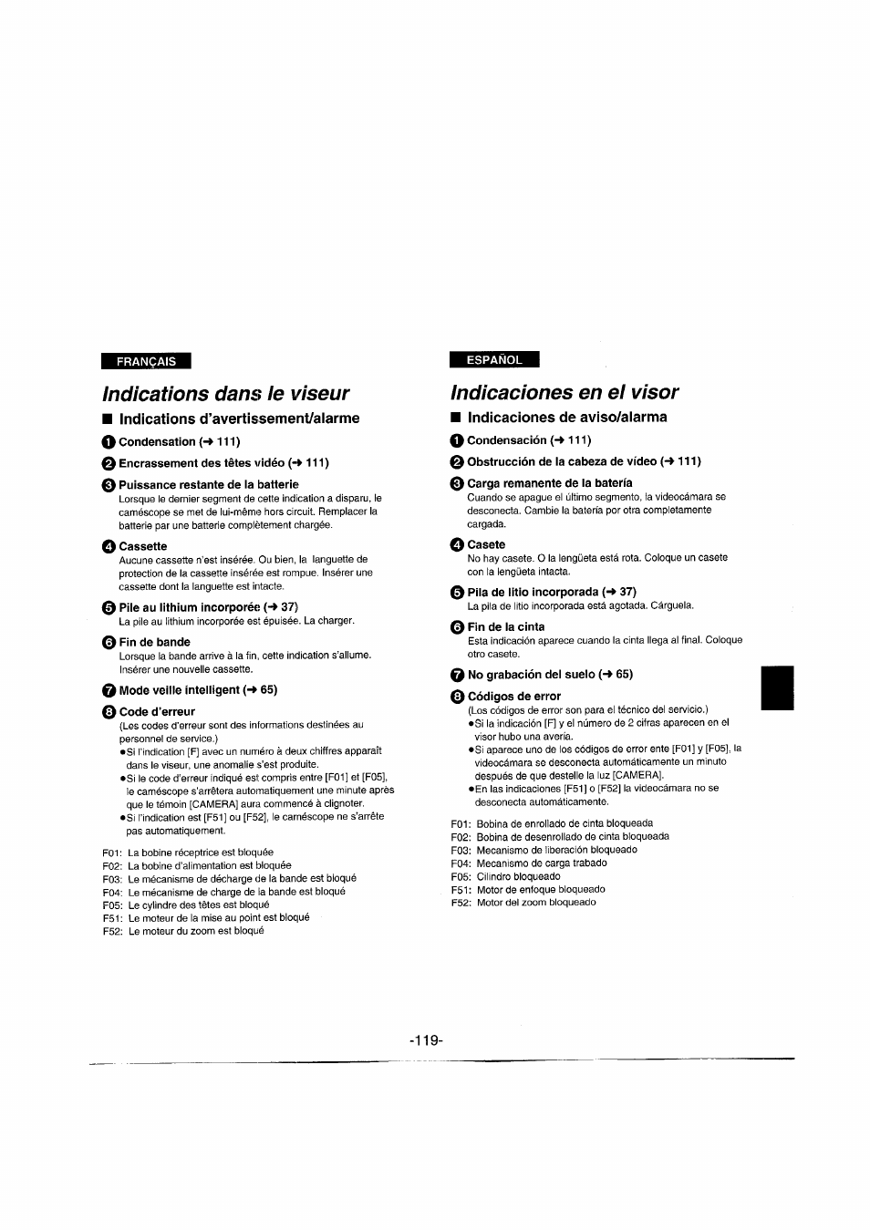 Indications dans le viseur, 0 encrassement des têtes vidéo (-»111), Indicaciones en el visor | Indicaciones de aviso/aiarma | Panasonic NVRX50EG User Manual | Page 119 / 136