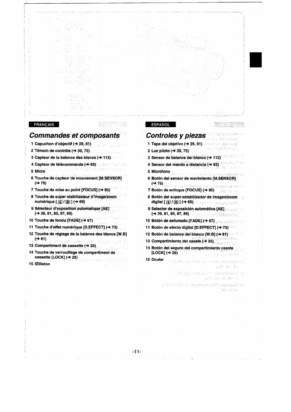 Commandes et composants, Controles ypie2^s, Controles y piezas | Panasonic NVRX50EG User Manual | Page 12 / 136