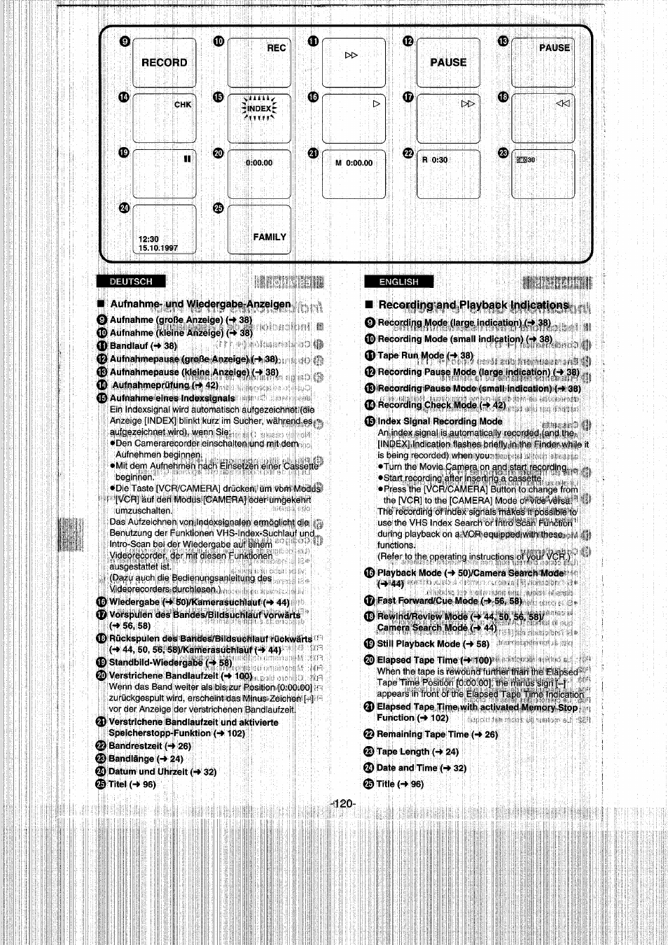 Aufnahme- und wiedergabe-anzeigen, 0 aufnahme (kleine anzeige) ^8), 0 bandlauf (t» 38) | 0 aufnahmepause (kieine anzeige) (-e 38), 0 aufnahmeprüfung (-» 42), 0 aufnahme eines indexsignals, 0 vorspulen des bandes/bildsuchlauf vorwärts, 0 standbild-wiedergabe (-• 58), 0 verstrichene bandlaufzeit (^ 100), 0 bandrestzeit (-» 26) | Panasonic NVRX50EG User Manual | Page 120 / 136