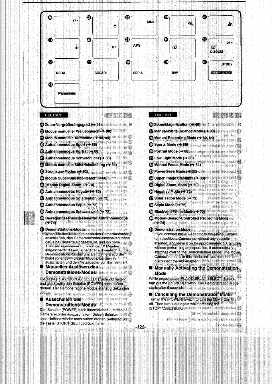 0 zoom-vergrößerungsgrad 46), 0 modus manueller weißabgleich (-^ 80), 0 modus manuelle'ailifnahme (-» 80,84) | 0 aufnahmemodus sport (-» 86), 0 aufnahmemodus porträt 88), 0 aufnahmemodus schwachlicht {-* 88), 0 modus manuelle scharfeinstellung 84), 0 stromspar-modus {•* 62), 0 modus super-bildstabllisator {•* 68), 0 )modus digital-zoom (-» 70) | Panasonic NVRX50EG User Manual | Page 122 / 136