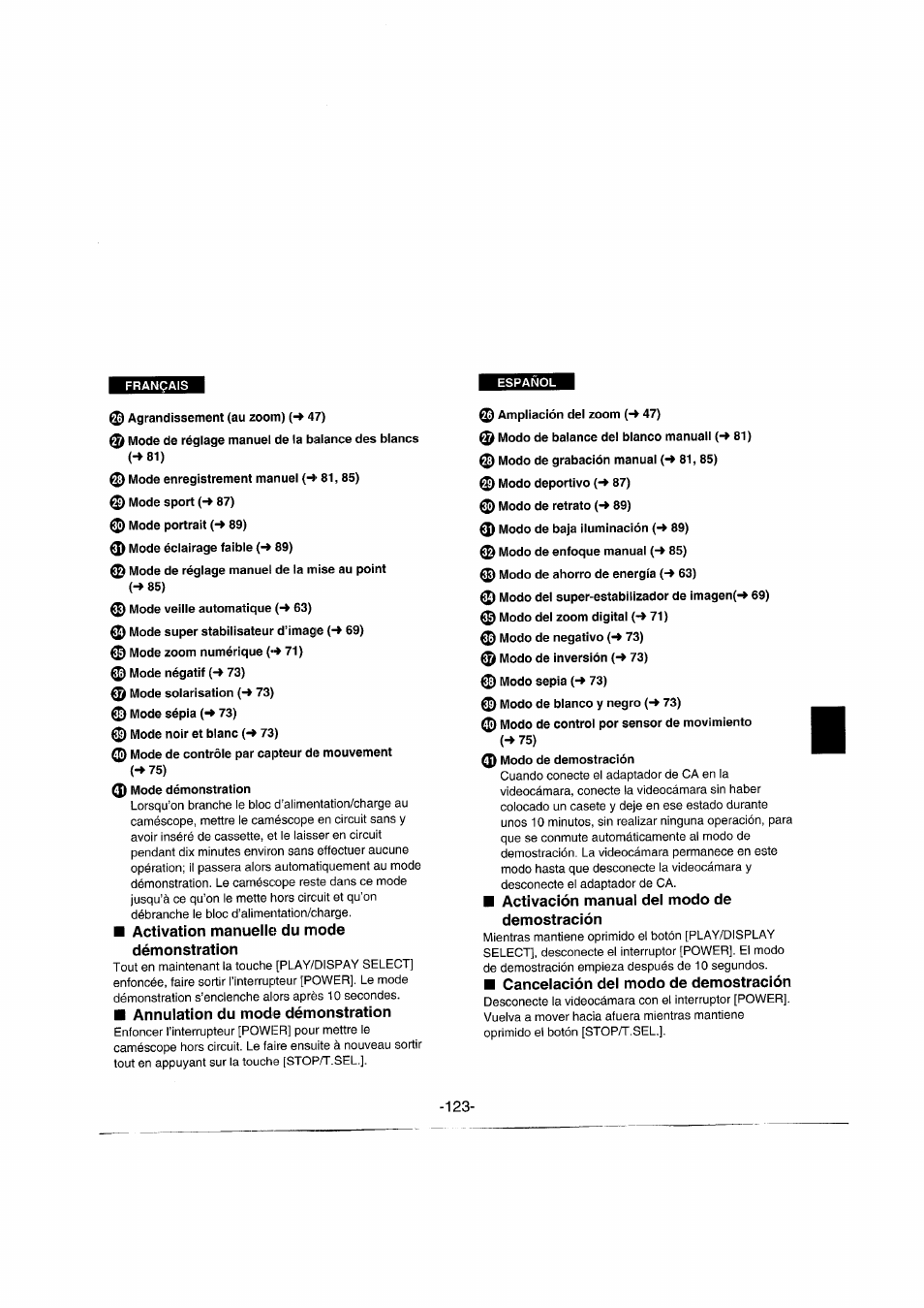 Activation manuelle du mode démonstration, Annulation du mode démonstration, Activación manuai dei modo de demostración | Cancelación del modo de demostración | Panasonic NVRX50EG User Manual | Page 123 / 136