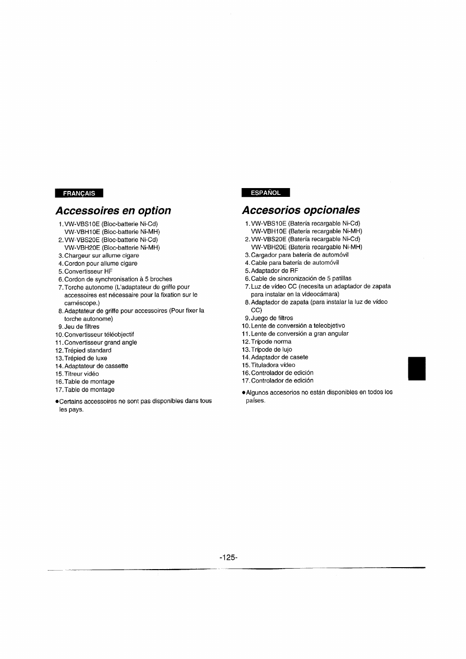 Accessoires en option, Accesorios opcionaies, Accesorios opcionales | Panasonic NVRX50EG User Manual | Page 125 / 136