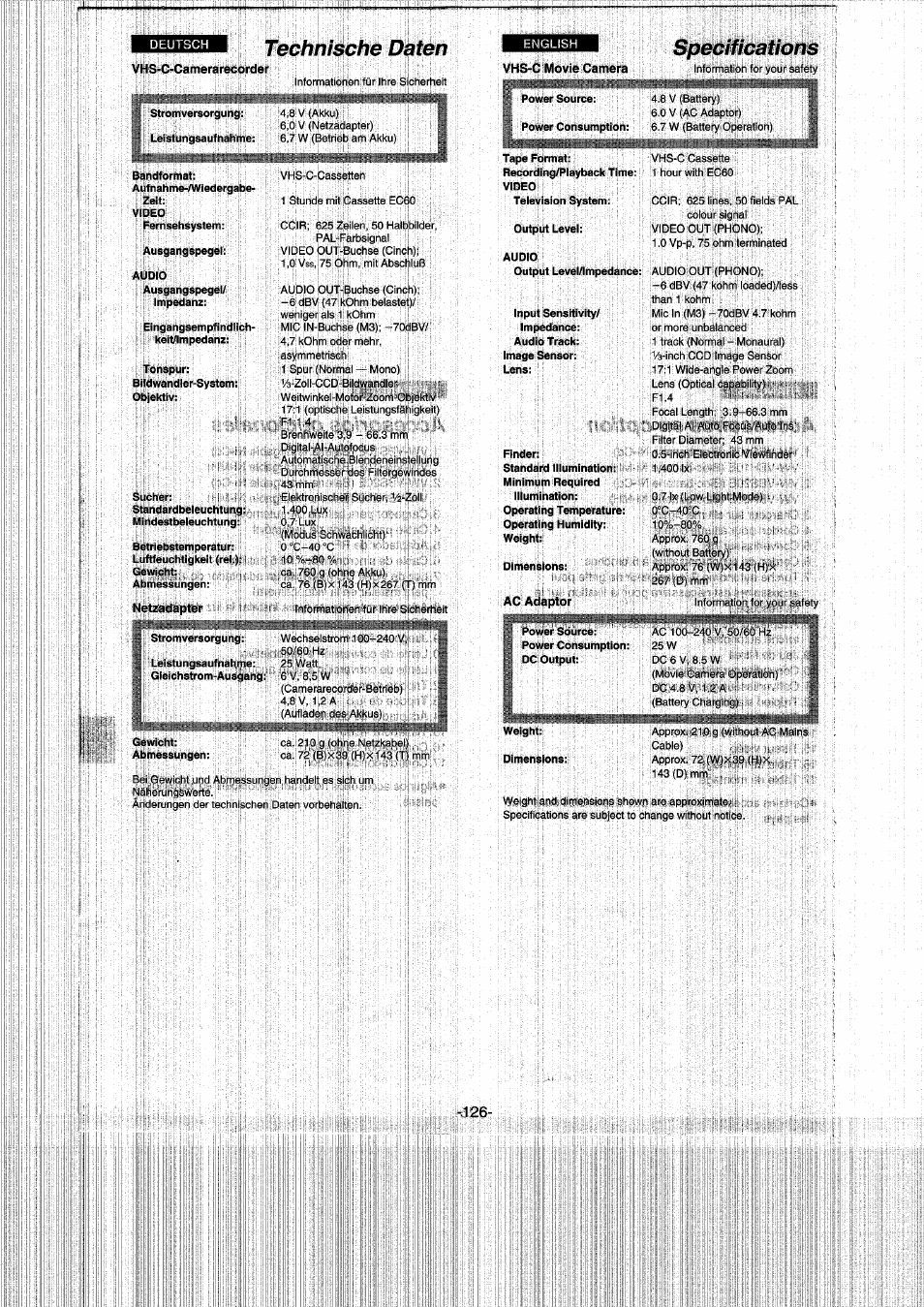 Ausgangspegel, Technische dai, Specifications | Panasonic NVRX50EG User Manual | Page 126 / 136