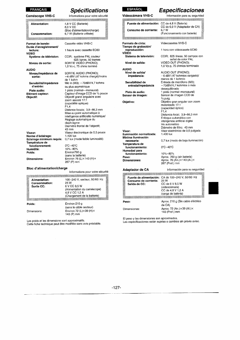 Caméscope vhs-c, Spécifications, Especificaciones | Bloc d’allmentation/charge, Adaptador de ca, Specifications, D'alimentation/charge | Panasonic NVRX50EG User Manual | Page 127 / 136