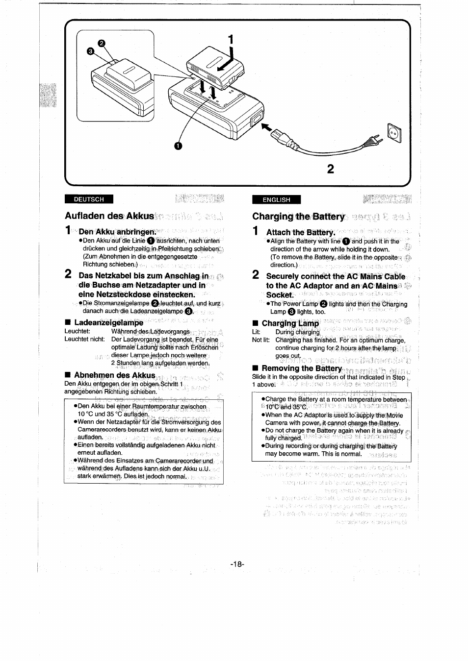 Aufladen des akkus, 1 den akku anbringen, Ladeanzeigelampe | Abnehmen des akkus, Charging the battery, 1 attach the battery, Charging lamp, Removing the battery | Panasonic NVRX50EG User Manual | Page 18 / 136