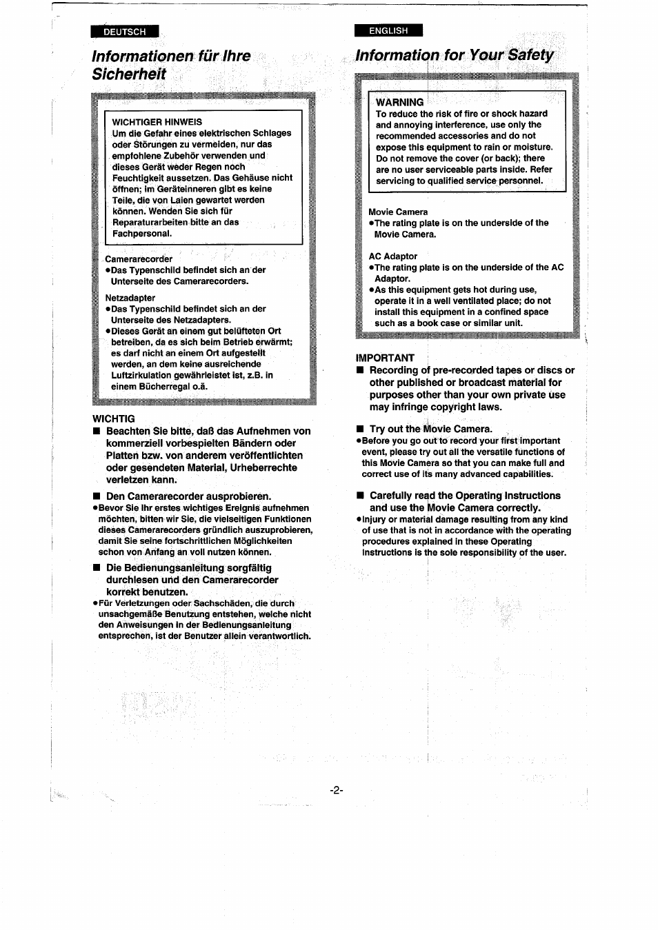 Informationen für ihre sicherheit, Information for your safety | Panasonic NVRX50EG User Manual | Page 2 / 136