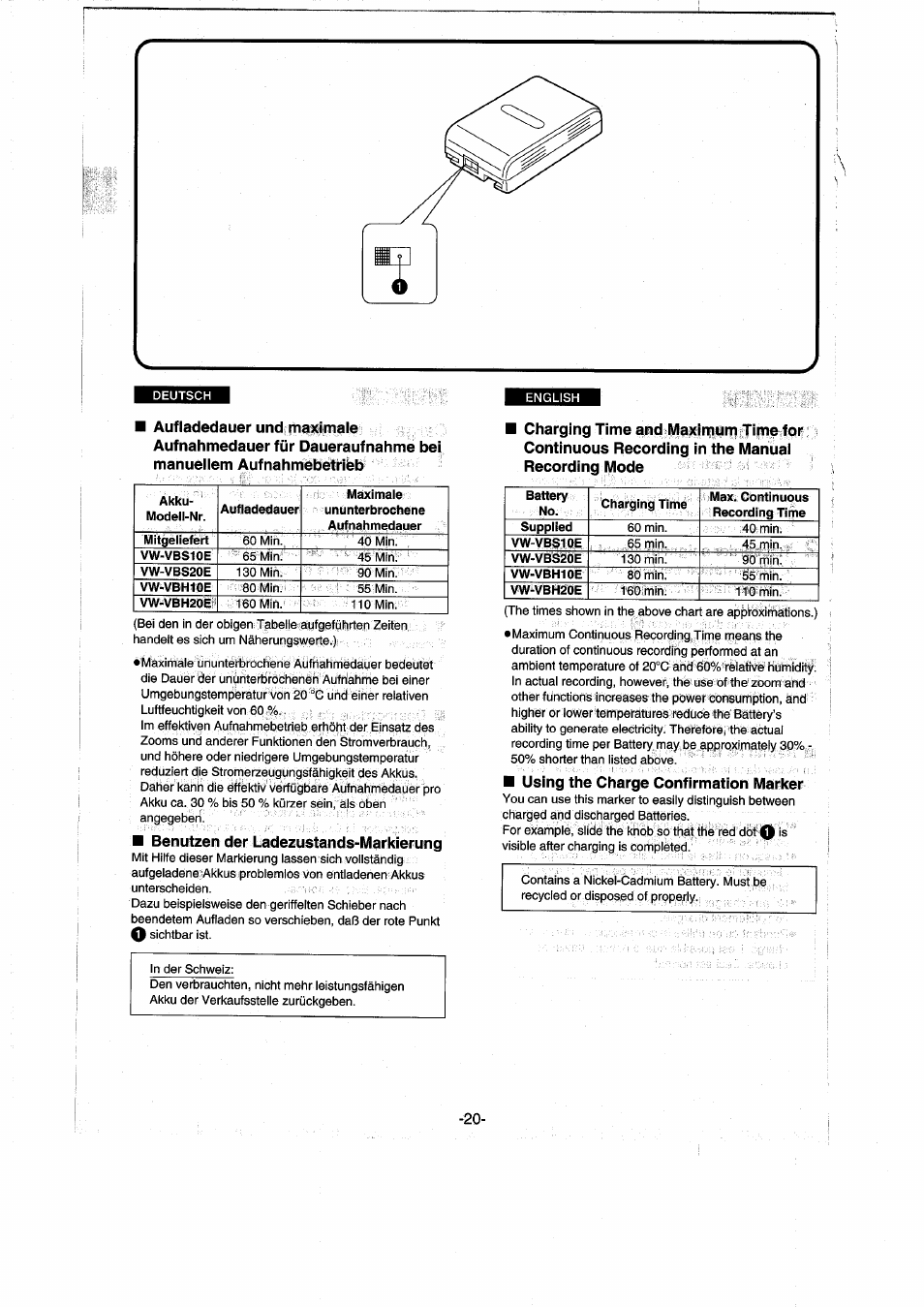 Benutzen der ladezustands-markierung, Using the charge confirmation marker | Panasonic NVRX50EG User Manual | Page 20 / 136