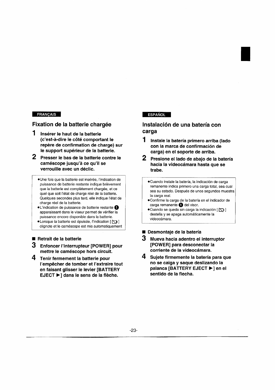 Fixation de la batterie chargée, Instalación de una batería con carga | Panasonic NVRX50EG User Manual | Page 23 / 136