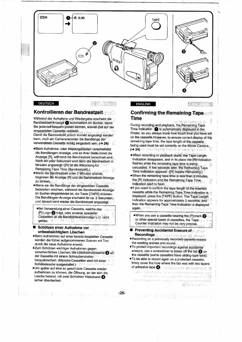 Kontrollieren der bandrestzeit, Confirming the remaining tape time, Preventing accidental erasure of recordings | Panasonic NVRX50EG User Manual | Page 26 / 136