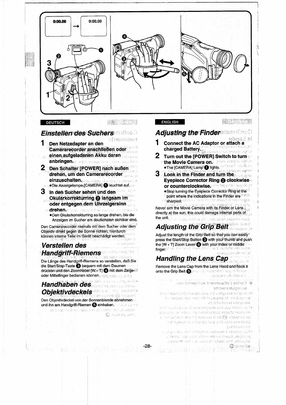 Eimtell&rp^msmhers, Verstellen des handgriff-riemens, Handhaben des objektivdeckels | Adjusting the finder, Adjusting the grip belt, Handling the lens cap, Adjusting the grip beit................... . ^28 | Panasonic NVRX50EG User Manual | Page 28 / 136