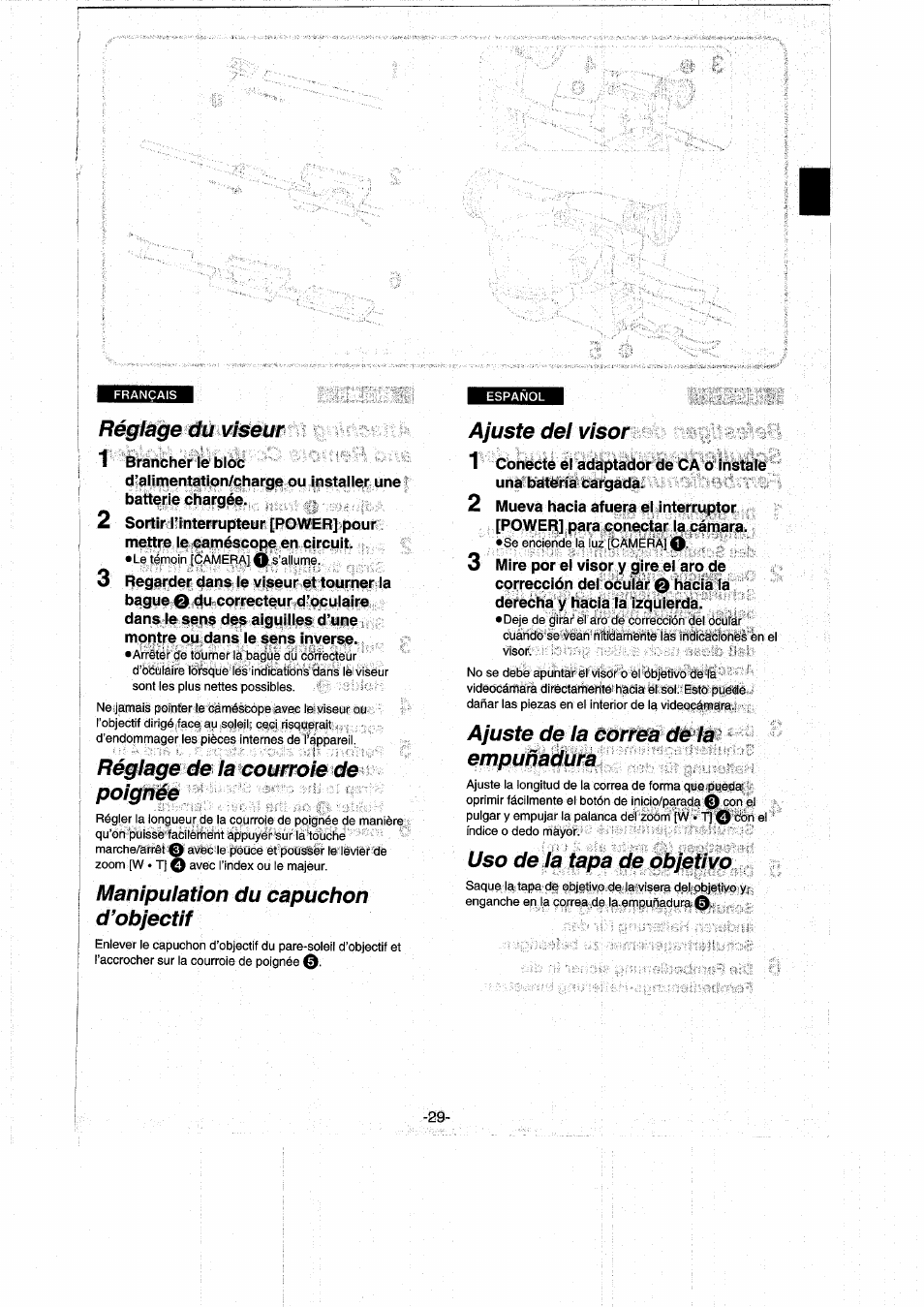 Réglage du viseur, Réglage de la courroie de poignée, Manipulation du capuchon d’objectif | Ajuste del visor, Ajuste de la correa de la empuñadura, Uso de la tapa de objetivo | Panasonic NVRX50EG User Manual | Page 30 / 136