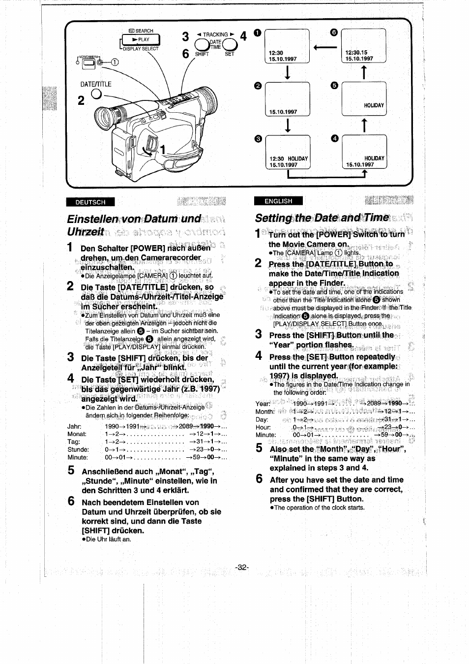 Einstellen von datum und uhrzeit, Setting the date and time | Panasonic NVRX50EG User Manual | Page 32 / 136