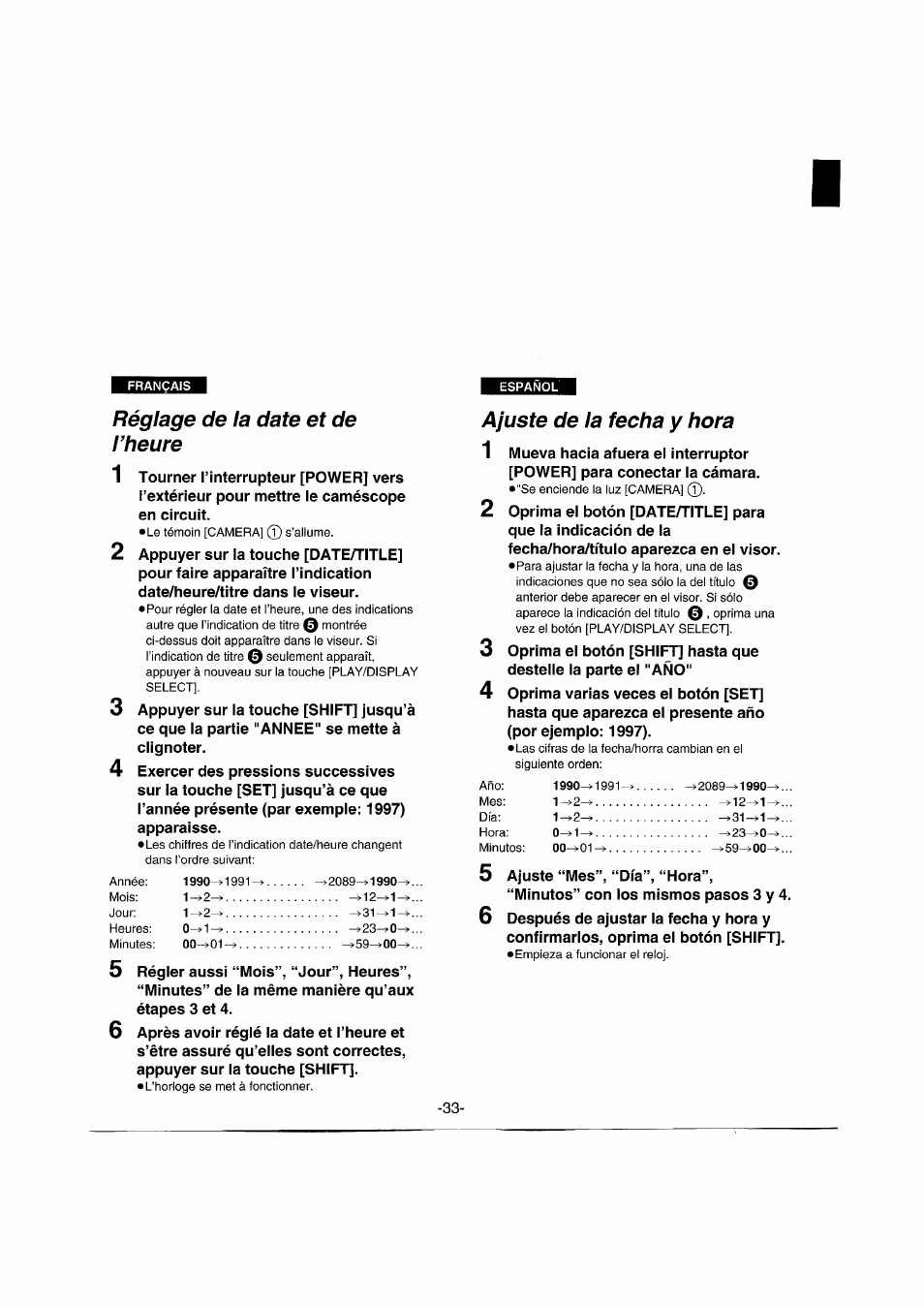 Réglage de la date et de l’heure, Ajuste de la fecha y hora | Panasonic NVRX50EG User Manual | Page 33 / 136