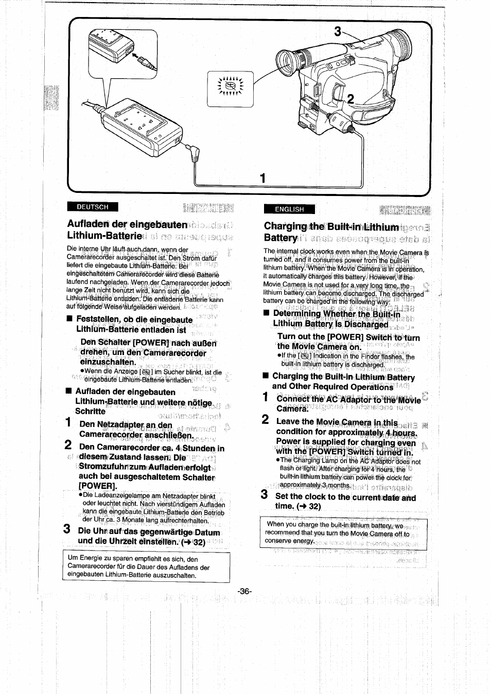 Aufladen der eingebauten lithium-batterie, Charging the built-in lithium battery | Panasonic NVRX50EG User Manual | Page 36 / 136