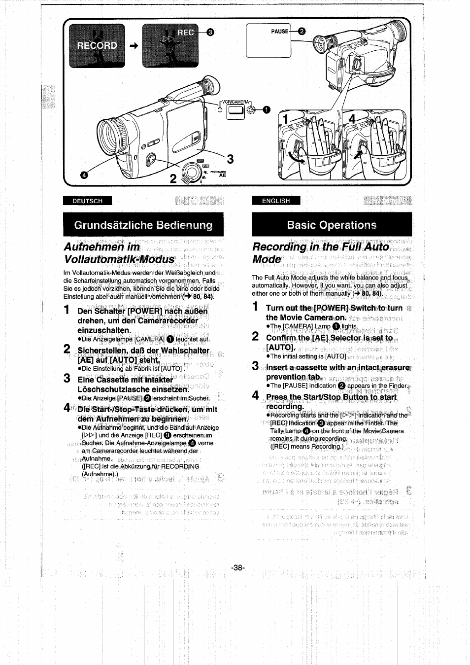 Auf nehmen im vollautomatik-modus, Recording in the full auto mode, Basic operations | Panasonic NVRX50EG User Manual | Page 38 / 136