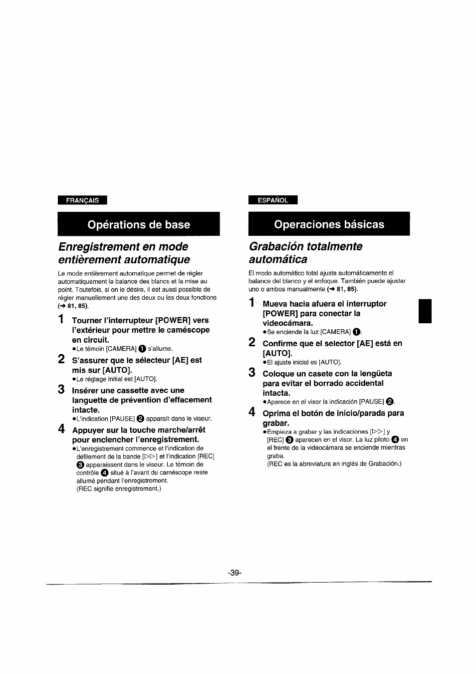 Enregistrement en mode entièrement automatique, Grabación totaimente automática, Grabación totalmente automática | Opérations de base, Operaciones básicas | Panasonic NVRX50EG User Manual | Page 39 / 136